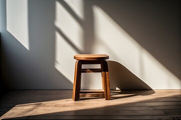 ia generated. Rustic wooden stool in a dramatic beam of light, evoking simplicity, nostalgia, and minimalist design.
