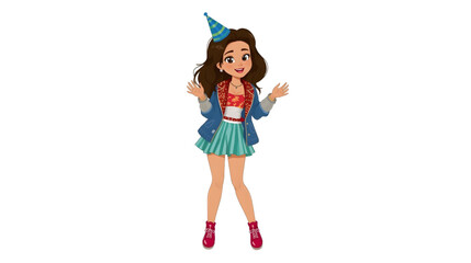 Animated illustration of a cheerful young woman in a party outfit, smiling and raising her hands in celebration.