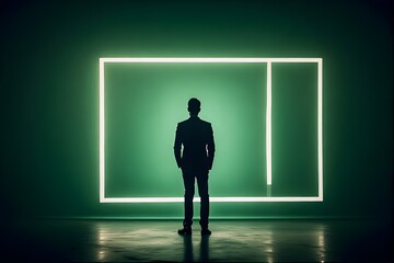 Obraz premium ia generated. Man in suit staring at glowing square in a green wall 