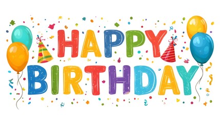 A festive happy birthday graphic with balloons confetti and party hats on a white background design