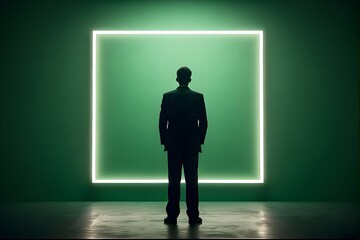 Obraz premium ia generated. Man in suit staring at glowing square in a green wall 