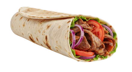 Delicious kebab wrap filled with fresh tomatoes, onion and greens presented against a dark and plain background for a modern fast food advertisement, transparent background