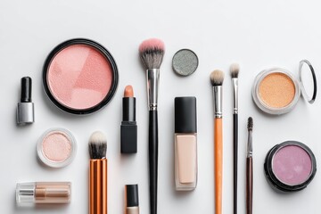 Flatlay of assorted makeup products including blush, eyeshadows, lipstick, foundation, and various brushes on a white background