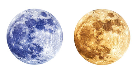 Obraz premium Two full moons, one a celestial blue and the other a warm gold, against a dark night sky backdrop for a stellar effect, transparent background
