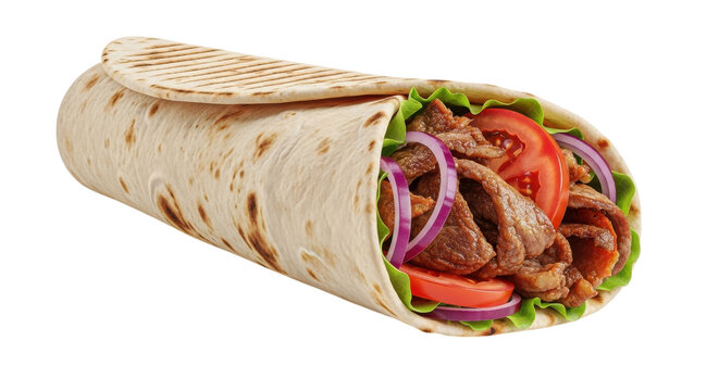 Delicious kebab wrap filled with fresh tomatoes, onion and greens presented against a dark and plain background for a modern fast food advertisement, transparent background - Powered by Adobe