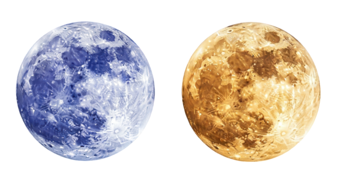 Two full moons, one a celestial blue and the other a warm gold, against a dark night sky backdrop for a stellar effect, transparent background