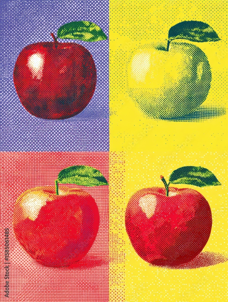 Poster stylized flat design apples in retro halftone pop-art style with colorful backgrounds and blank uppe