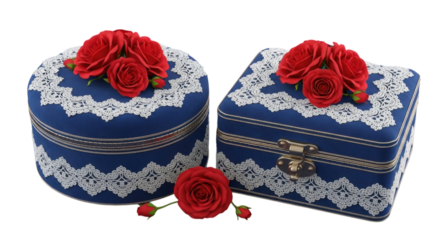Round and square jewelry boxes in navy with white lace and rose decorations, suitable for presenting gifts or keepsakes, transparent background