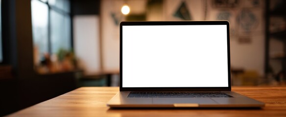 Fototapeta premium The laptop on a wooden table in a cozy, modern workspace environment.