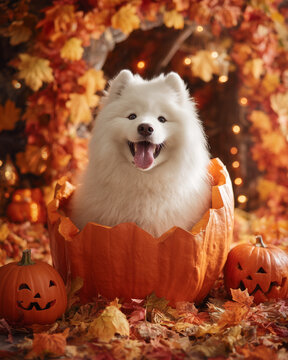 Uroczy samojed w halloweenowej scenerii, siedzący w dużej dyni. Jesienny klimat, zabawa i odrobina magii święta duch&oacute;w.

