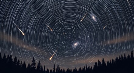 Star trails over the night sky Star trails over a forest create a cosmic spiral effect.
