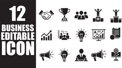A set of 12 editable business icons, including handshake, trophy, team, success, growth, lightbulb, presentation, and megaphone, ideal for corporate designs
