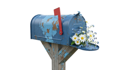 Weathered blue mailbox displays a charming bouquet of daisies and forget-me-nots on a wooden post against a transparent background.