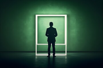 Obraz premium ia generated. Man in suit staring at glowing square in a green wall