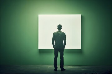  ia generated. Man in suit staring at glowing square in a green wall

