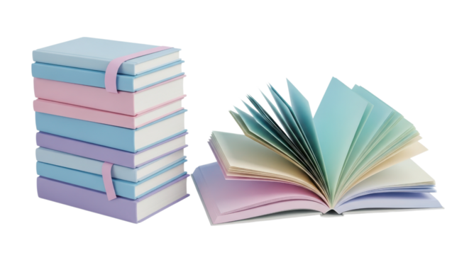 Pastel books stacked gently beside an open book with colorful pages against a dark, transparent background for study or design.