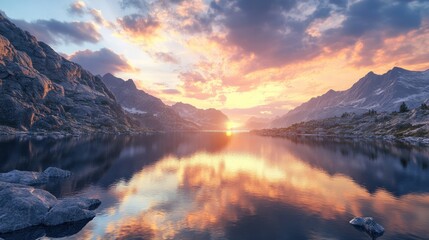 Majestic sunset over a tranquil mountain lake.  Rocky shores reflect a vibrant golden sunset sky