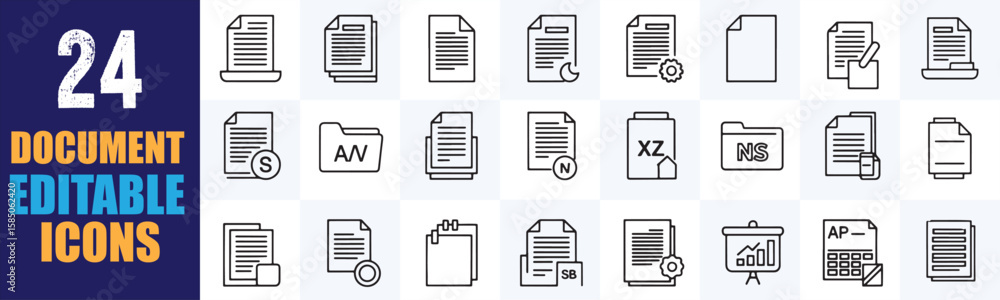 Poster variety of editable line icons representing diverse document types and file management actions, suit