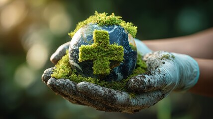 healthcare hospital sustainability. Holding a moss-covered globe symbolizing environmental care and sustainability.