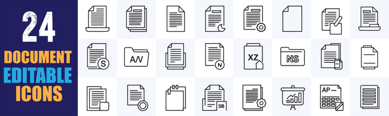 Naklejka premium Variety of editable line icons representing diverse document types and file management actions, suitable for business, data, and office-related digital interfaces