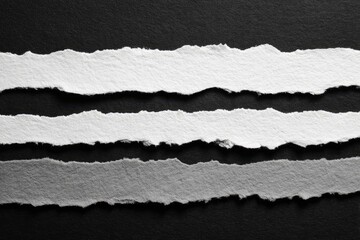 Four unevenly torn strips of paper, white and grey, arranged horizontally against a dark background; rough, textured edges