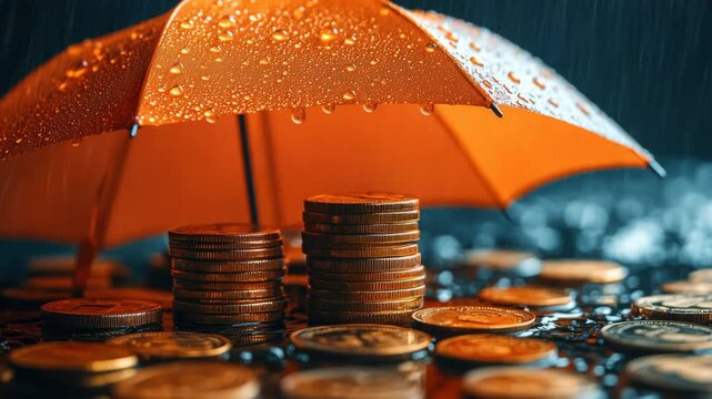 Coins under umbrella in rain