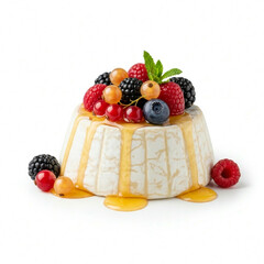 A layered mousse dessert decorated with fresh mixed berries and a glossy glaze, a gourmet individual cake isolated on white
