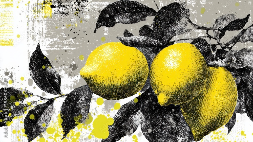 Poster layered digital collage featuring vibrant lemons with ink and splatter effect on a textured backgrou