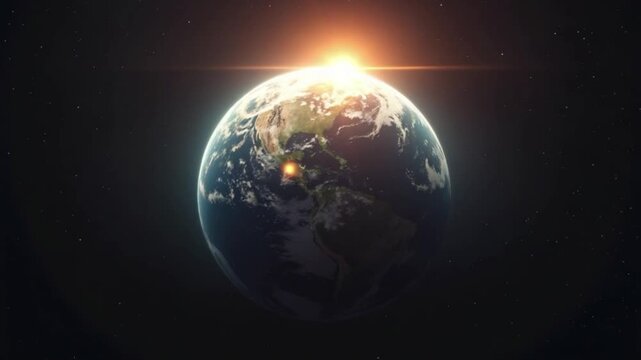 Spinning Earth with vibrant sunlight illuminating one half.