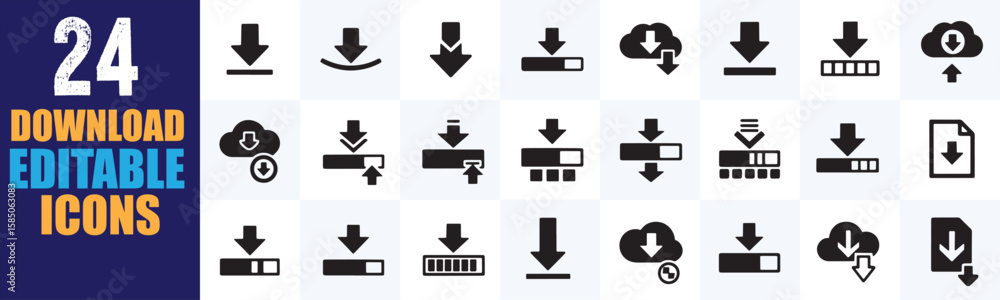 Poster black flat vector icons for various download actions, including cloud and file transfers, progress b