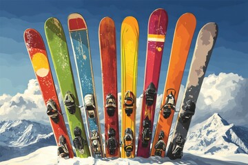A colorful array of snowboards lined against a stunning mountain landscape under clear blue skies capturing the essence of winter sports and outdoor adventure captured with clarity
