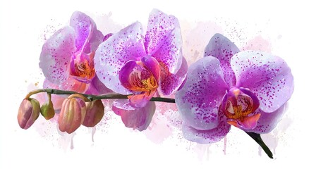 Fototapeta premium Watercolor-style painting of three vibrant pink and white speckled orchids on a stem with buds, set against a soft, pale pink watercolor wash background