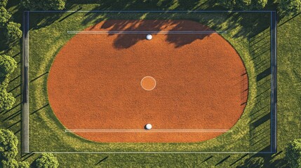 Overhead view of a sports field, oval shaped, terracotta colored playing area, surrounded by grass and trees