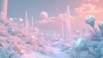 Pastel alien landscape with glowing flora.  Soft, otherworldly scene of a snow-like path through a surreal plant life