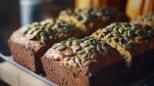 Freshly baked bread with pumpkin seeds on top, ideal for a cozy breakfast or snack