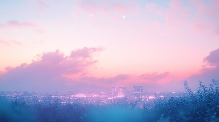 Pastel-toned city skyline at sunset, soft focus, blurry,  pink, purple,  muted colours