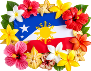 Philippine Flag with Tropical Flowers and Star Fruit Arrangement, isolated on transparent background PNG