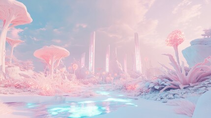 Pastel-toned, otherworldly landscape with futuristic structures and unique flora.  Soft lighting, tranquil scene