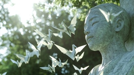 Peaceful statue of a woman, surrounded by origami cranes, in a lush green garden. Sunlight filters through the trees