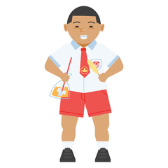Vector flat illustration of Indonesian elementary school student, holding iced orange drink in a bag and skewered egg roll