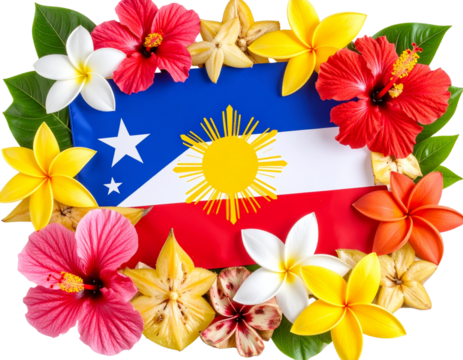  Philippine Flag with Tropical Flowers and Star Fruit Arrangement, isolated on transparent background PNG