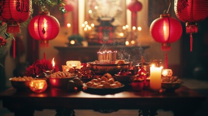 Red lanterns, candles, and offerings on a table in a dimly lit temple