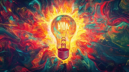 Radiant lightbulb bursts from a fiery, swirling abstract background