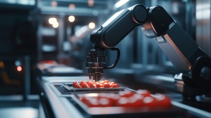 Robotic arm precisely placing red items on a conveyor belt in a modern factory