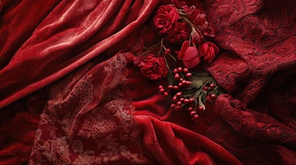 Rich crimson velvet and lace fabrics with dried flowers