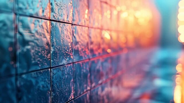 Abstract Metallic Tiles Reflecting Warm Light and Water Droplets in a Modern Architectural Setting