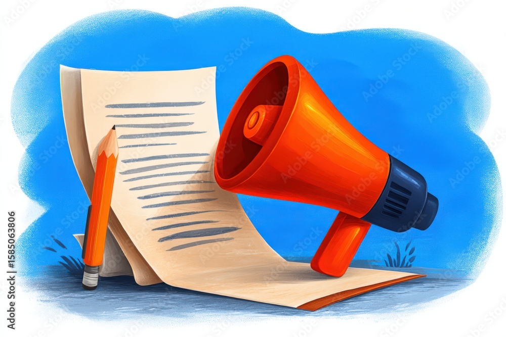 Poster engaging visual representation featuring an orange megaphone next to a crumpled sheet of paper conve