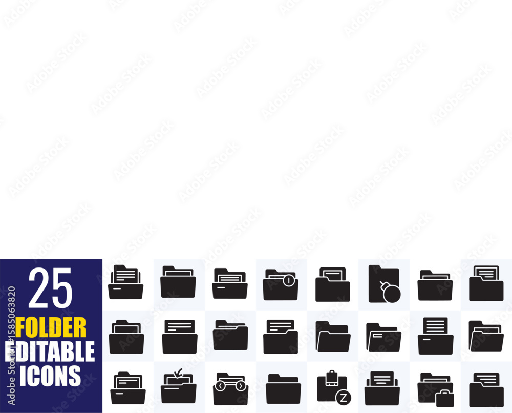 Poster twenty-five editable folder icons in a flat black style, ideal for representing data organization, f