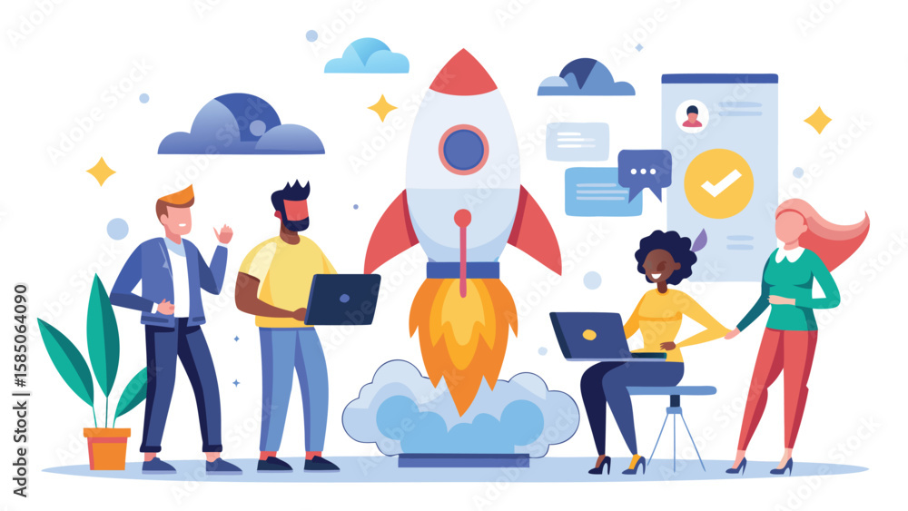 Poster team launching a rocket with laptops and checkmark on a screen in a startup environment illustration