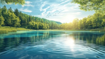 Serene lake nestled in a lush forest at sunrise.  Peaceful ripples on the water's surface reflect a vibrant sky